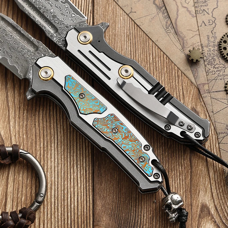 High-end Technology Damascus Steel Folding Pocket Knife with Sheath, EDC Outdoor Camping Pocket Knife, Adventure Tactical Knife