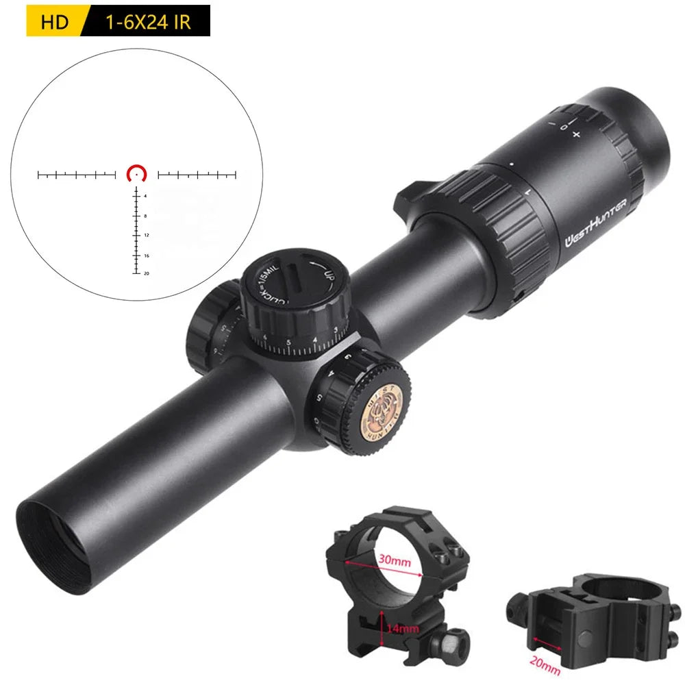 WestHunter HD 1-6X24 IR LPVO Riflescopes R/G Illumination Etched Glass Reticle Hunting Sights Long Eye Relief Optical Sights