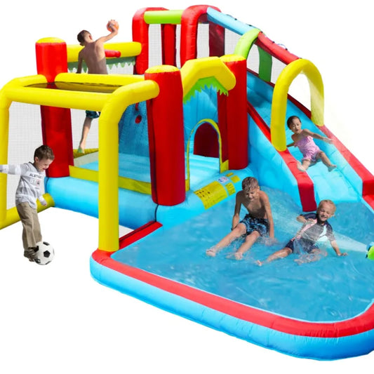 7 in1 Inflatable slide water park bouncing house outdoor Soccer garden bouncer with Splash pool & Water gun & Climbing wall