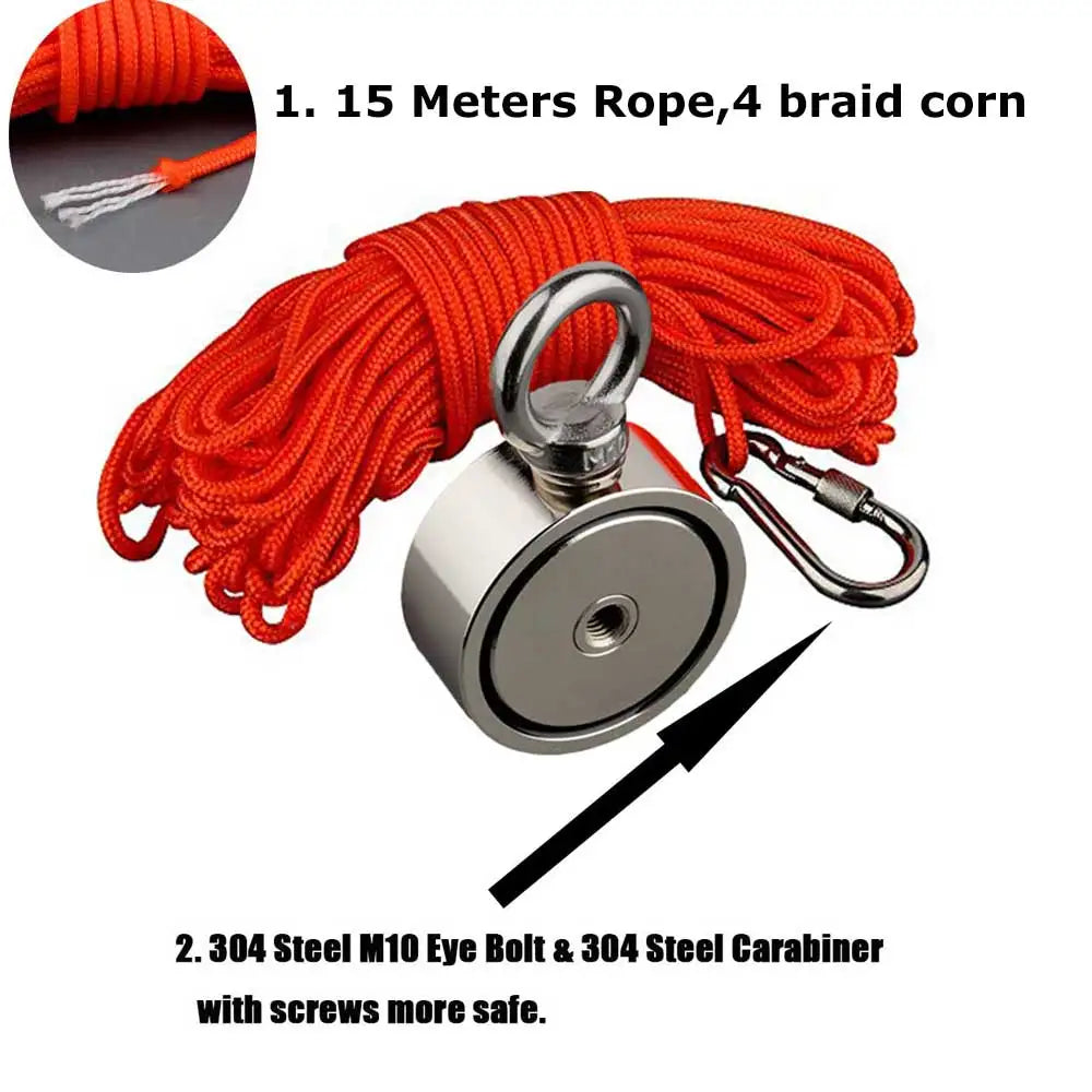 180KGX2 Powerful Neodymium Double Side Search Magnet 15M Rope Strong Salvage Fishing Magnetic
