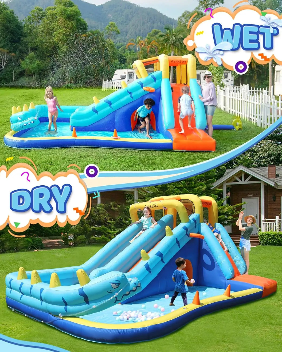 Inflatable Water Slide, Double Waterslide Park with Splash Pool & Ball Pit for Kids Air Blower, Kids Bounce House with Blower, E