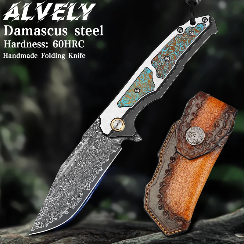 High-end Technology Damascus Steel Folding Pocket Knife with Sheath, EDC Outdoor Camping Pocket Knife, Adventure Tactical Knife