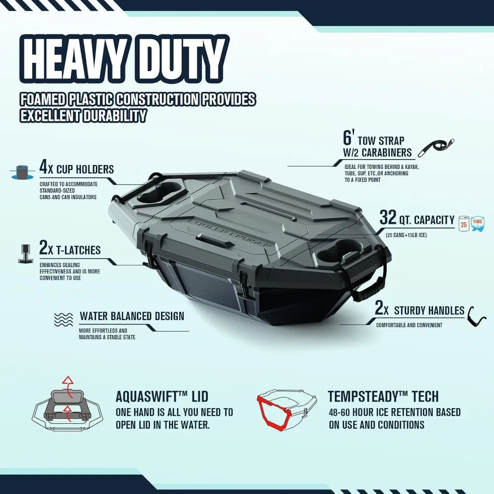 Floating Cooler – 32 QT up to 60 Hours Amphibious Ice Chest - Kayak Camping Coolers for Lake, River, SUP, Fishing, Boat, Pool, P