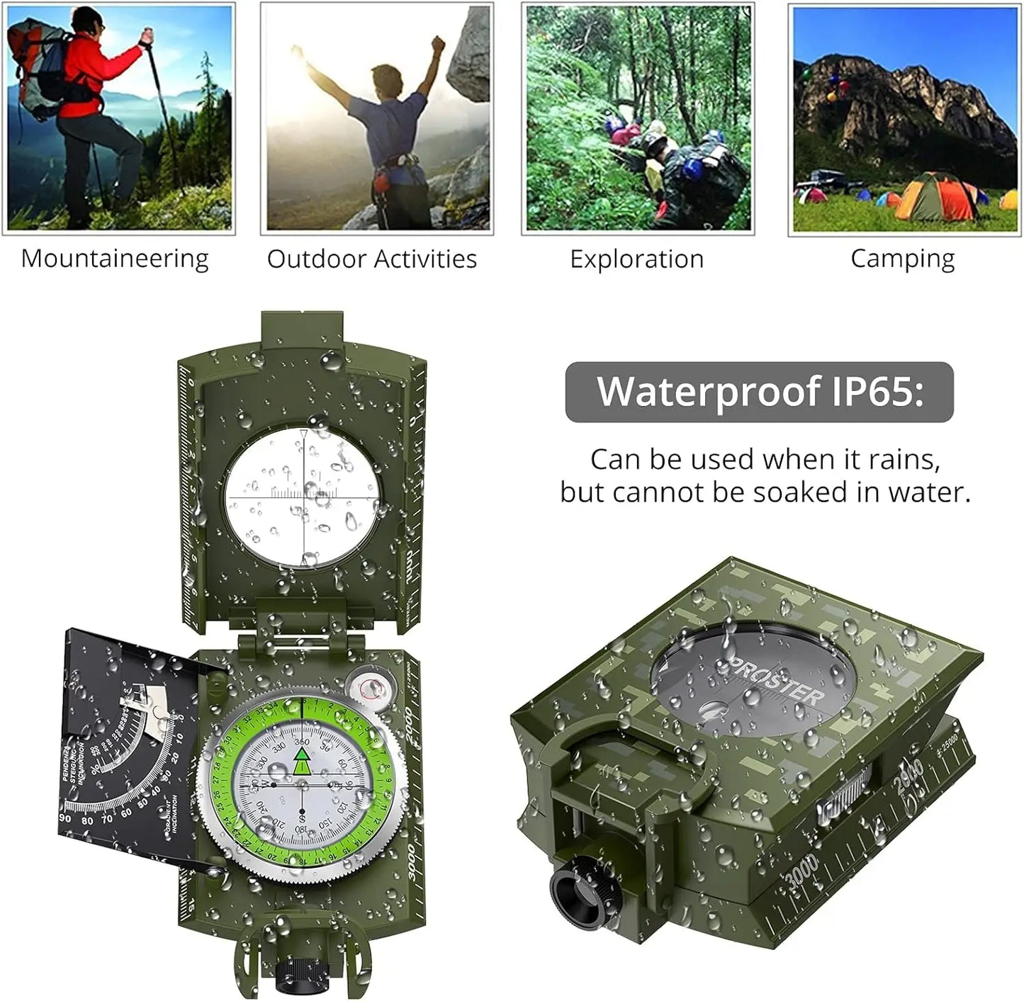 Proster IP65 Compass Hiking Survival - Lensatic Sighting Compass for Camping Navigation,Compass with Clinometer & Carry Bag