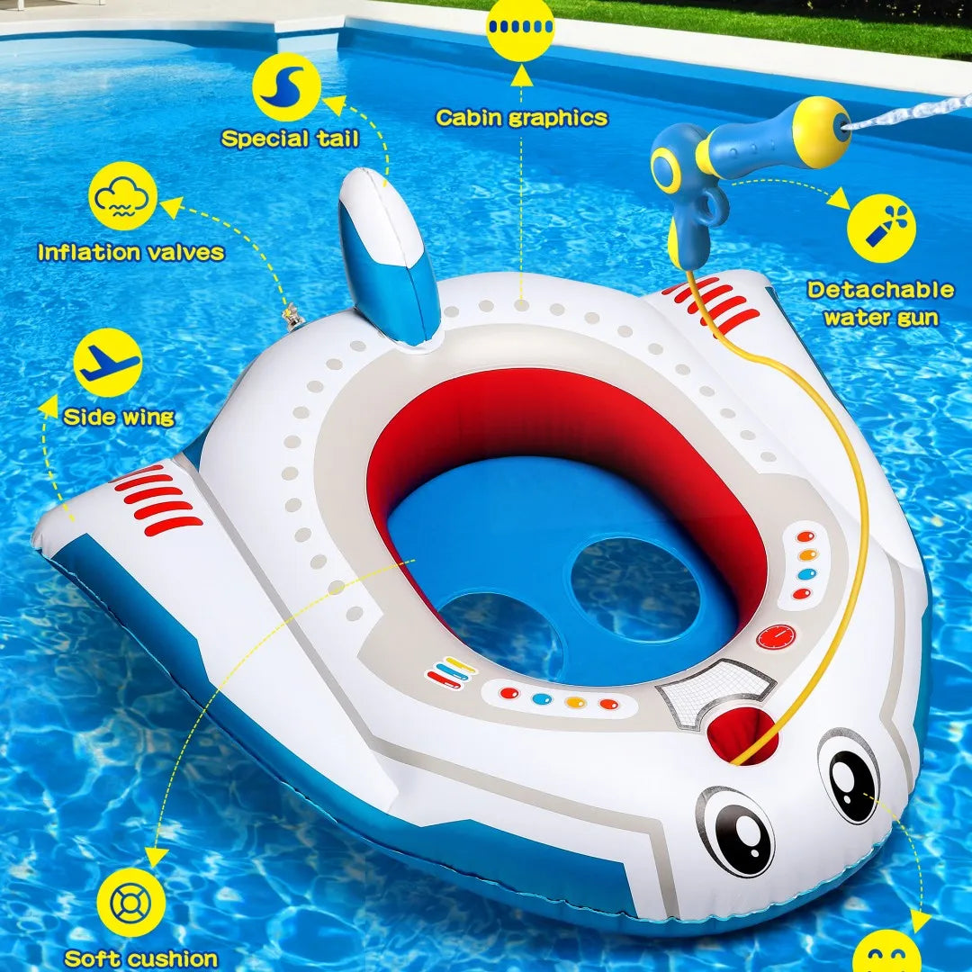 Kids Pool Float With Water Gun,Inflatable Ride-On Airplane Swimming Pool Toys For 4 5 6 7 8 9 Years Old Boys Girls Summer Fun