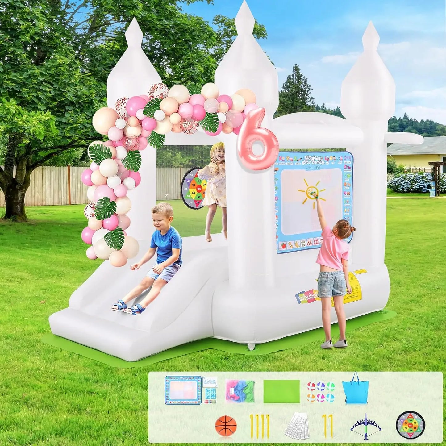 White Bounce House Indoor/Outdoor for Kids 2-8 with Balloons, Magical Water Canvas, Dart Target Balls, Bar Dart Set, Basketball,