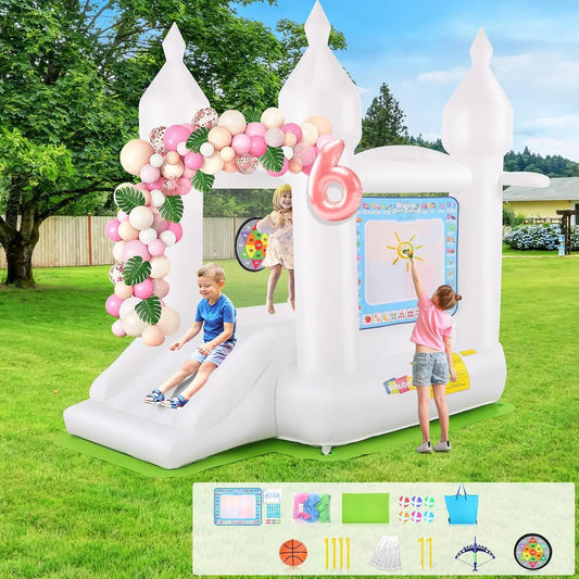 White Bounce House Indoor/Outdoor for Kids 2-8 with Balloons, Magical Water Canvas, Dart Target Balls, Bar Dart Set, Basketball,