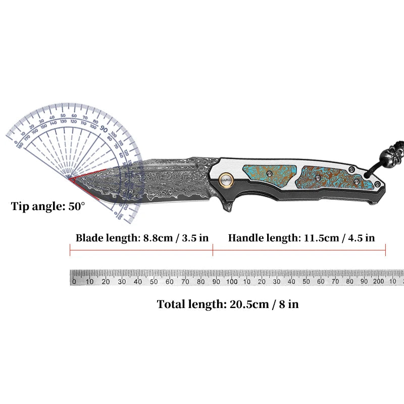 High-end Technology Damascus Steel Folding Pocket Knife with Sheath, EDC Outdoor Camping Pocket Knife, Adventure Tactical Knife