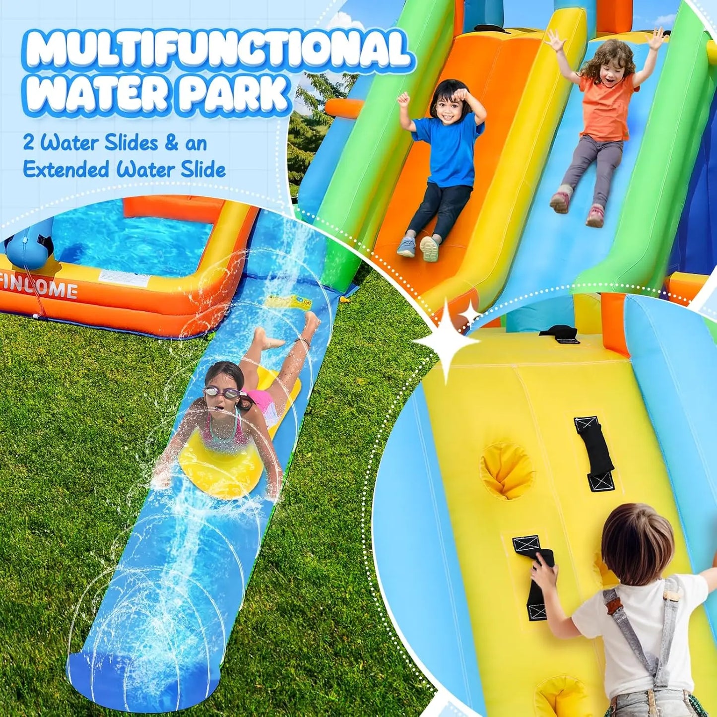 Inflatable Water Slide Bounce House with Extend Long Splash Waterslide for Kids Backyard, Blow Up Bouncy Castle Park with 2 Wate